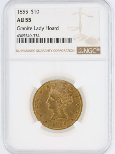 1855 Gold Eagle NGC AU55 Granite Lady Hoard $10 Liberty Head