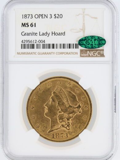 1873 Open 3 Liberty Head Double Eagle NGC MS61 Granite Lady Hoard $20 CAC