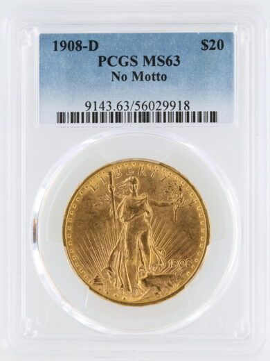 1908-D Saint Gaudens PCGS MS63 No Motto $20 Double Eagle