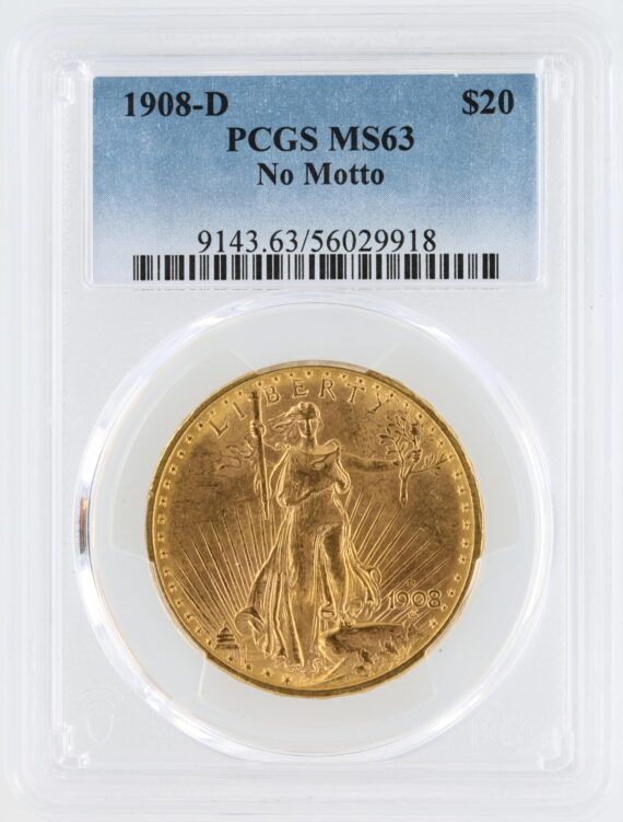 1908-D Saint Gaudens PCGS MS63 No Motto $20 Double Eagle