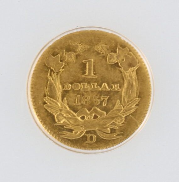 1857-D Type 3 Indian Princess Large Head Gold Dollar ANACS AU50 Cleaned Details G$1 - Image 4